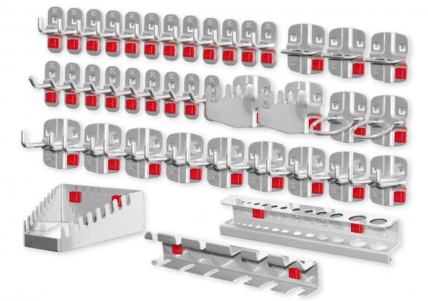 ®RasterPlan/ABAX Werkzeughalter-Sortiment, 40-teilig alufarben. 9 Werkzeughalter mit schrägem Ende, 12 Werkzeughalter mit senkr. Ende, 9 Doppelte Werkzeughalter, 3 Zangenhalter, 2 Maschinenhalter, 1 Schraubenschlüsselhalter, 1 Schraubendreherhalter,