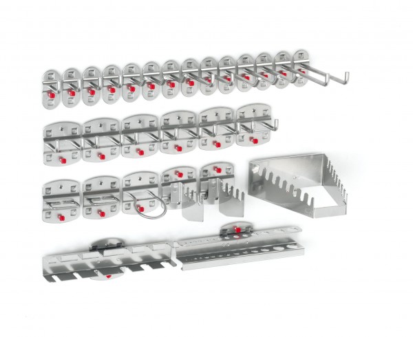 ®RasterPlan Werkzeughalter-Sortiment 28-teilig Alufarben 6 Werkzeughalter, schräges Hakenende, 8 Werkzeughalter, senkrechtes Hakenende, 6 Doppelte Werkzeughalter, senkrechtes Hakenende, 2 Zangenhalter, 1 Maschinenhalter, 1 Schraubenschlüsselhalter, 1