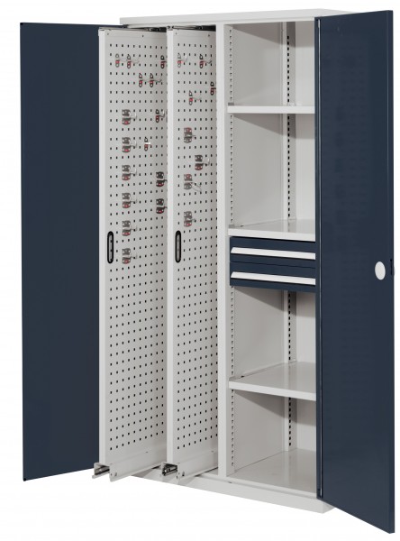 ®RasterPlan Vertikalschrank Modell 81, 1950 x 1000 x 600 mm, RAL 7035/7016. Doppelwandtür, 2 Auszüge Lochplatten, 3 Böden, 2 Schubladen 100 mm.