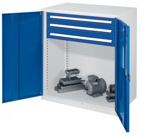 Schwerlast-Beistellschrank Modell 65, 1110 x 1000 x 600 mm, RAL 7035/5010. Vollblechtüren, 3 Schubladen H 100 mm.