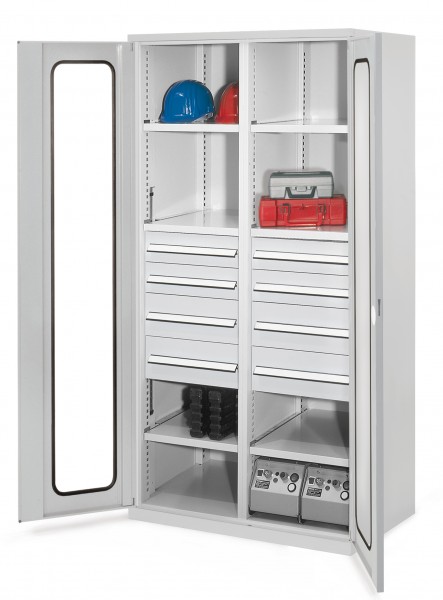 Schwerlastschrank mit Mitteltrennwand, 1950 x 1000 x 600 mm, Mod 54, RAL 7035. Sichtfenstertür, 4 Schubladen H 100 mm, 4 Schubladen H 175 mm, 3 Fachboden links verzinkt, 3 Fachboden rechts verzinkt.