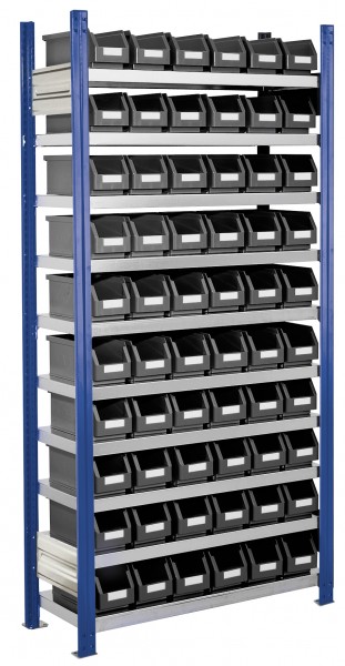 ®RasterPlan Steckregal mit Lagersichtkästen Mod 11, 2000 x 1000 x 300 mm, GF RAL 5010. Inklusiv 60 x Größe 6.