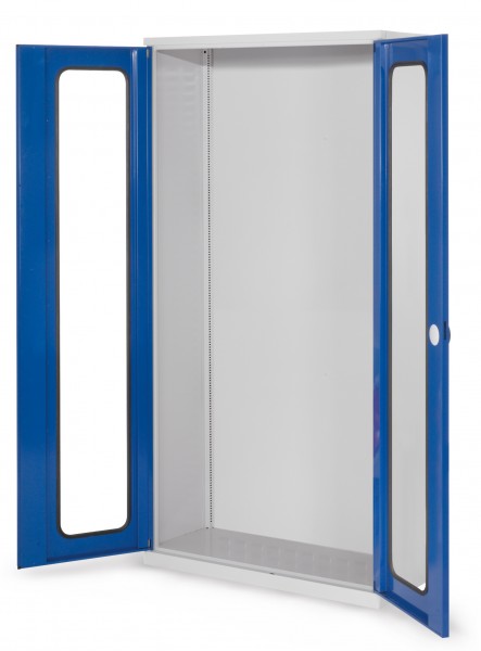 Systemschrank Leergehäuse Serie 400, RAL 7035/5010, H1950 x B1000 x T410 mm, Sichtfenstertüren.