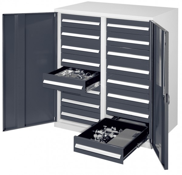 Schwerlast-Beistellschrank Modell 72, 1110 x 1000 x 600 mm, RAL 7035/7016. Mit Mitteltrennwand, Vollblechtüren, 16 Schubladen H 125 mm.