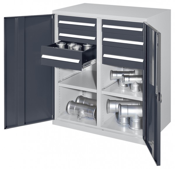 Schwerlast-Beistellschrank Modell 71, 1110 x 1000 x 600 mm, RAL 7035/7016. Mit Mitteltrennwand, Vollblechtüren, 1 Fachboden links, 1 Fachboden rechts, 2 Schubladen H 100 mm, 2 Schubladen H 125 mm, 2 Schubladen H 175 mm.