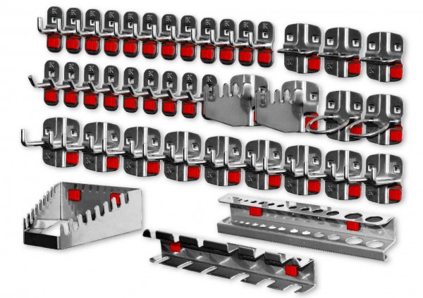 ®RasterPlan/ABAX Werkzeughalter-Sortiment, 40-teilig anthrazitgrau. 9 Werkzeughalter mit schrägem Ende, 12 Werkzeughalter mit senkr. Ende, 9 Doppelte Werkzeughalter, 3 Zangenhalter, 2 Maschinenhalter, 1 Schraubenschlüsselhalter, 1 Schraubendreherhalt