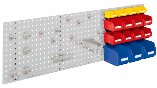 ®RasterPlan Kombiplatte Set 4 RAL 7035. 1 x Kombiplatte H 450 x B 1500 mm 3 x Lagersichtkästen Größe 6 8 x Lagersichtkästen Größe 7 4 x Lagersichtkästen Größe 8 1 x Werkzeughaltersortiment 15-teilig.