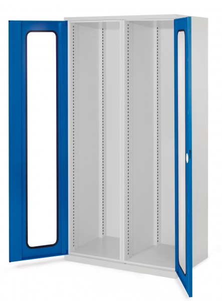 Schwerlastschrank Leergehäuse/Mod 50, 1950 x 1000 x 600 mm, RAL 7035/5010. Mit Mitteltrennwand, Sichtfenstertüren.