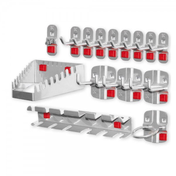 ®RasterPlan/ABAX Werkzeughalter-Sortiment, 15-teilig alufarben. 8 Werkzeughalter mit schrägem Ende, 3 Doppelte Werkzeughalter, 1 Werkzeugklemme, 1 Schraubendreherhalter, 1 Schraubenschlüsselhalter, 1 Maschinenhalter.